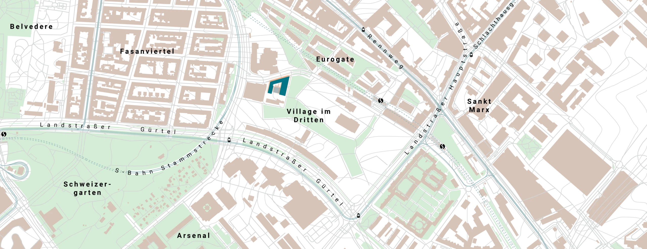 Lageplan - Stadtkarte: Links ist das Belvedere zu sehen, unten das Arsenal, rechts Sankt Marx und oben die Landstraßer Hauptstraße